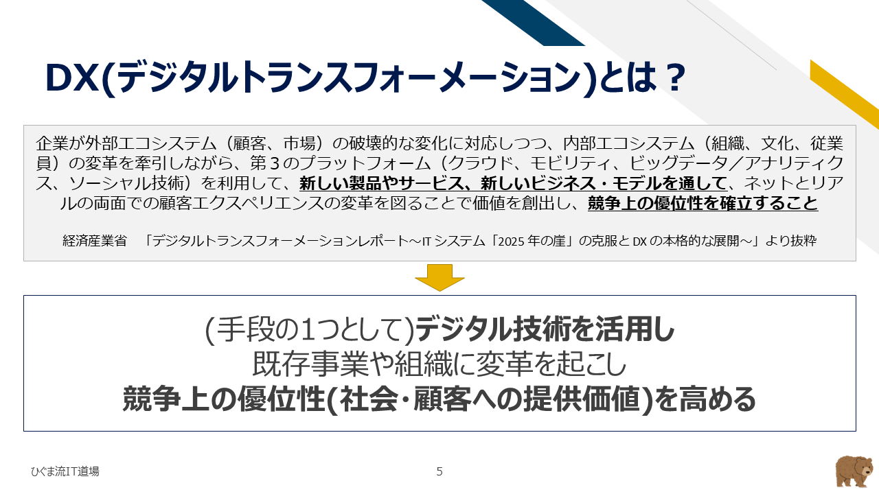 図：経済産業省によるDXの定義と真の目的（手段としてのデジタル活用と価値向上）