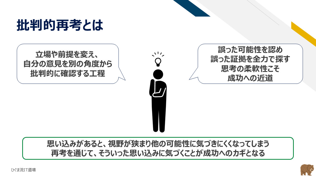 批判的再考の定義（立場や前提を変えて別の角度から確認する）