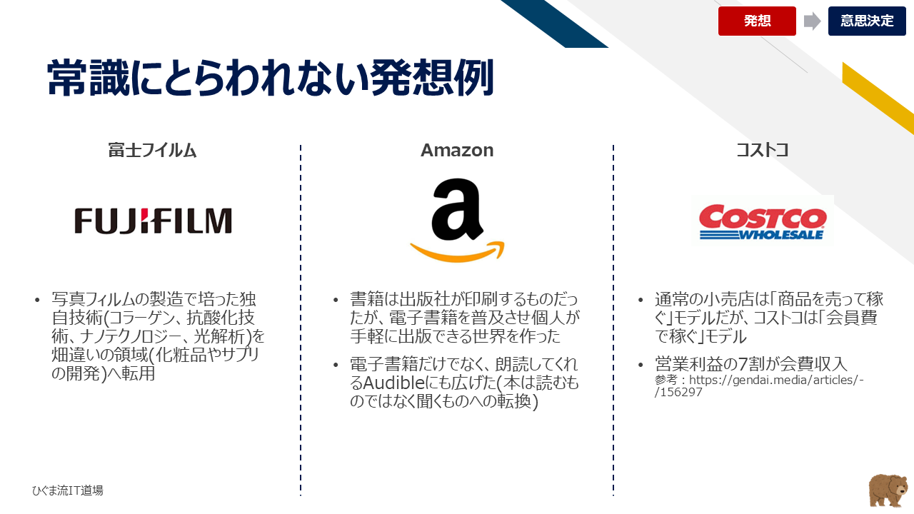 常識にとらわれない発想の企業事例(富士フイルム、Amazon、コストコ)