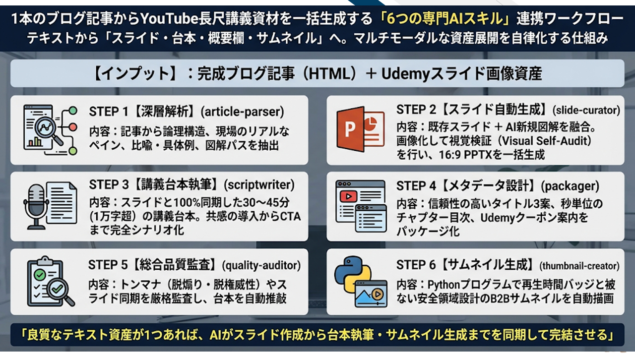 YouTube長尺講義資材を一括生成する「6つの専門AIスキル」連携ワークフロー